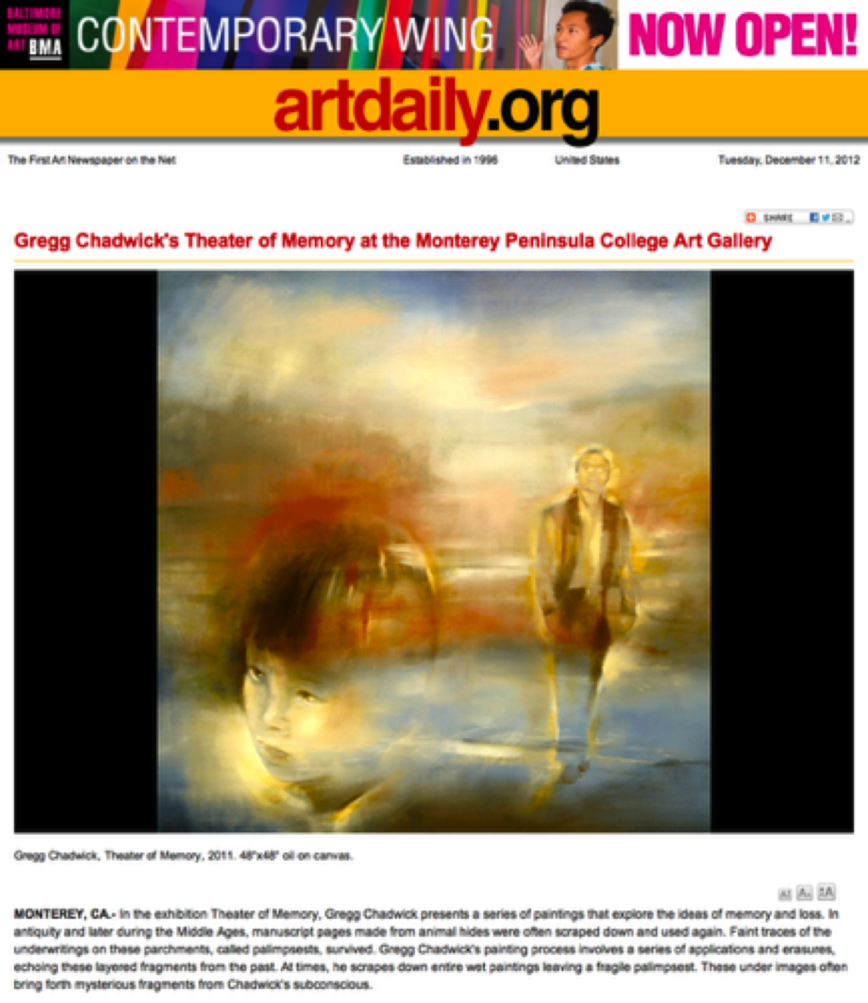 Gregg Chadwick's Exhibition Theater of Memory at the Monterey Peninsula Art Gallery 
Featured on ArtDaily.org - October 2011